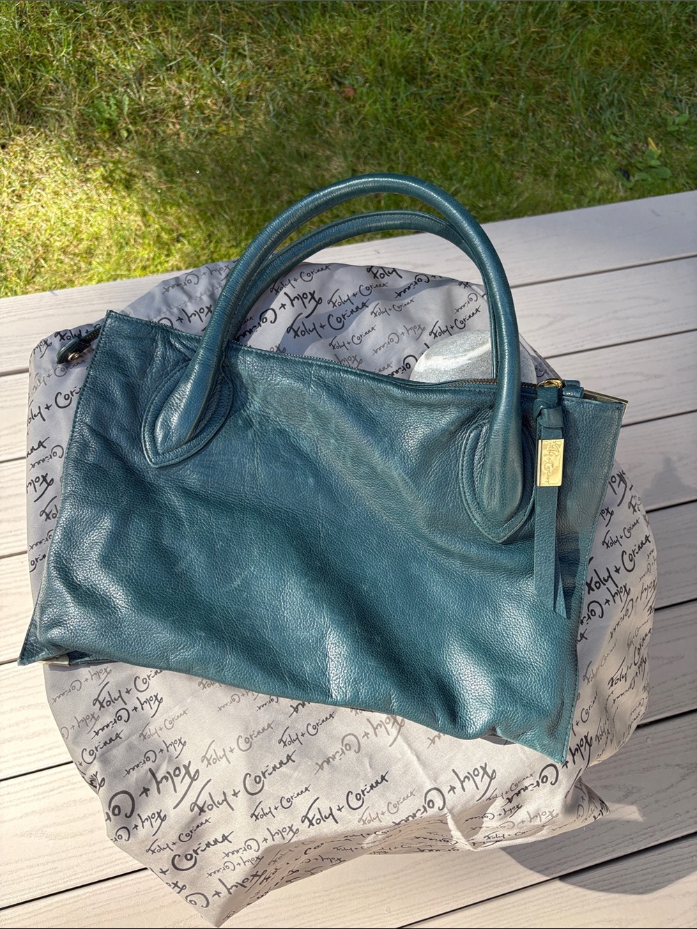 Foley + Corinna Teal Pebbled Leather Top-Handle Satchel